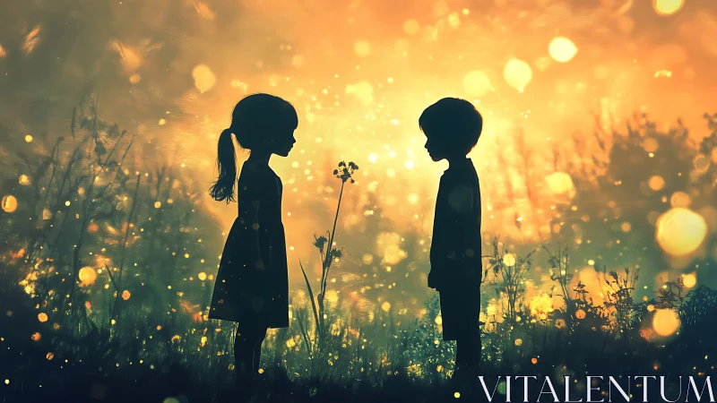 Two children silhouetted against golden light in flowering field.