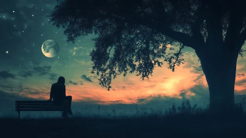 Quiet moonlit bench beneath a dreaming twilight tree.