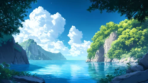 Coastal Cove Digital Landscape with Limestone Formations and Clear Blue Waters.