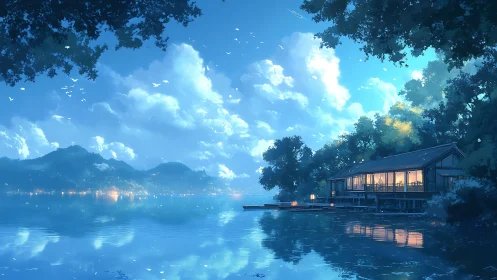 Digital painting of lakeside house under luminous evening sky.