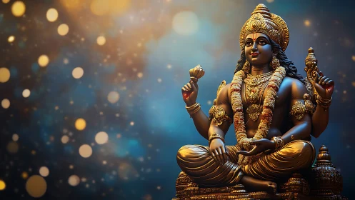 Golden Hindu deity statue glows against bokeh night sky