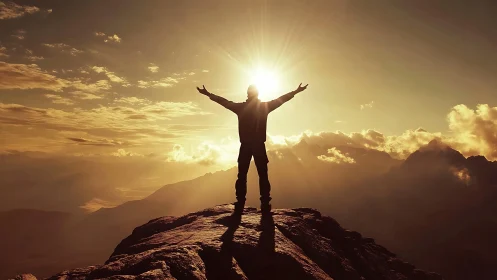 Silhouette climber embraces sunrise over glowing summit ridge.