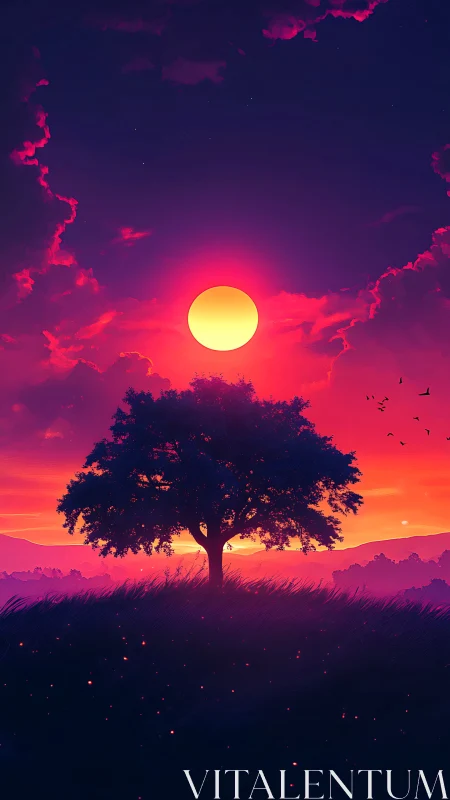 Glowing sunset tree wrapped in dreamy violet and crimson light.