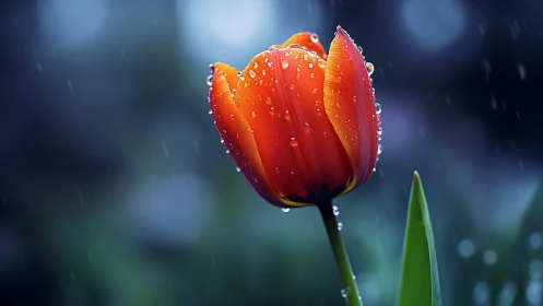 Orange tulip holds crystal raindrops in soft evening rain.