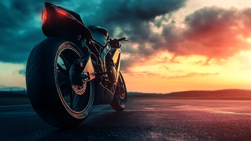 Sport motorcycle waits on wet highway beneath vivid sunset
