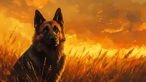 German shepherd watches sunset in glowing wheat field.