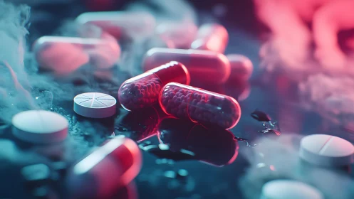 Assorted Capsules and Tablets in Neon Light, Futuristic Style.
