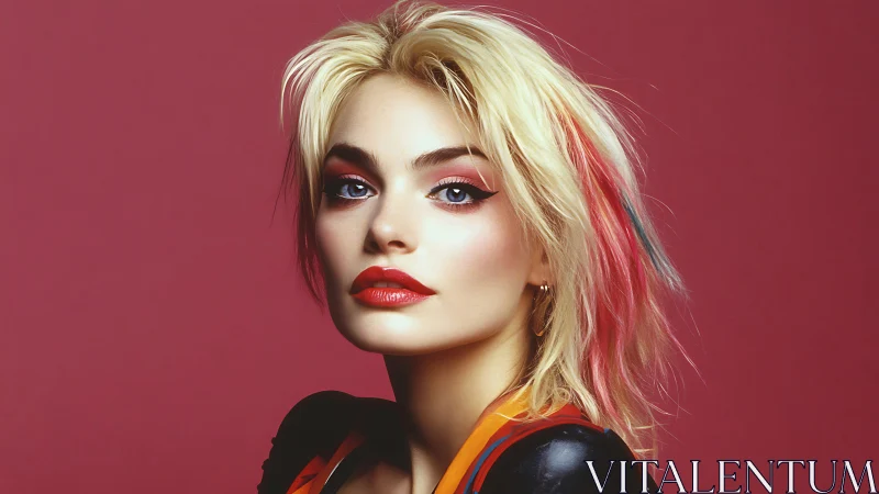 Blonde woman with bold makeup on red studio background