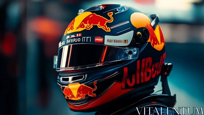 High-gloss racing helmet with reflective visor and sponsor livery
