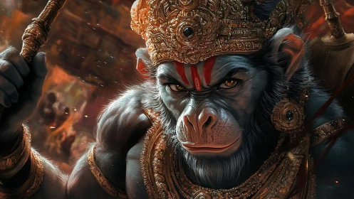 Warrior monkey deity glows under molten battle light.