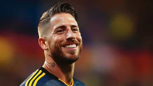 Male footballer portrait in stadium warm, blurred backdrop.