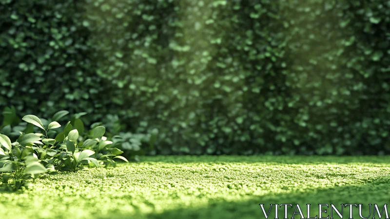 Sunlit groundcover and foliage rendered with shallow depth