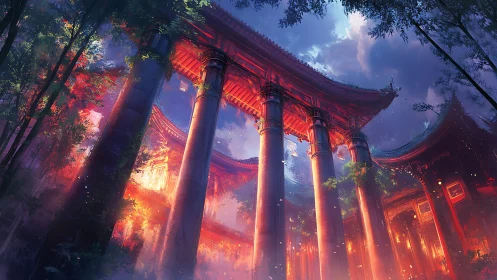 Fiery temple gate under stormy sky in misty forest.