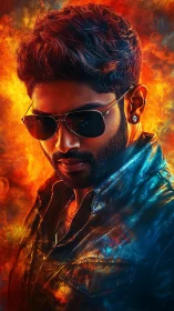 Stylized male portrait in sunglasses against fiery backdrop.