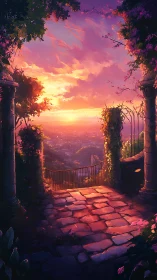 Sunset garden terrace opens onto glowing valley horizon.