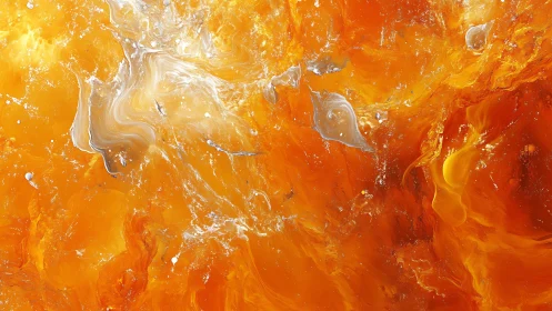 Vivid orange and white abstract fluid art painting with swirling shapes.