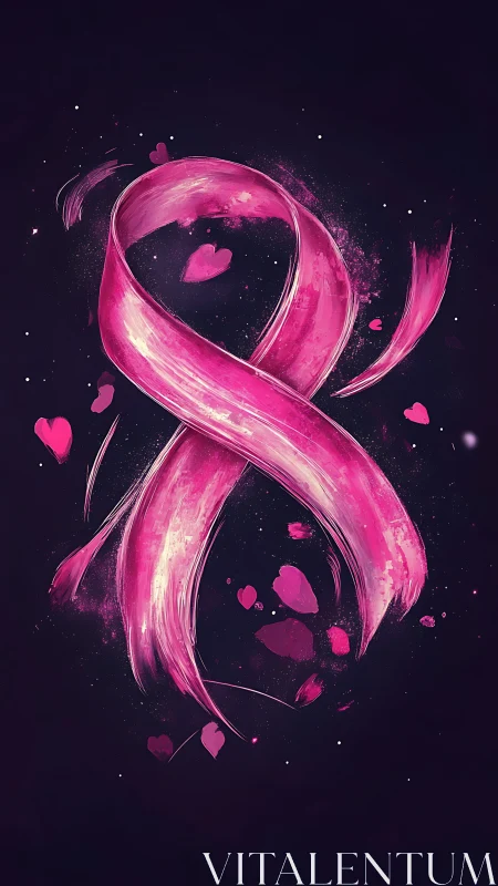 Luminous Pink Ribbon with Floating Hearts in Deep Space
