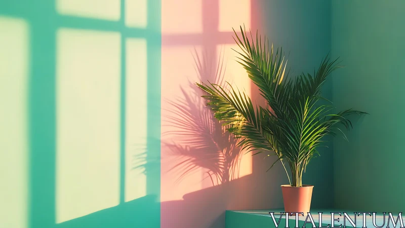 Potted palm against pastel wall with window light shadows.