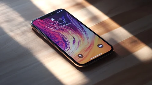 Smartphone on wooden surface with screen locked in daylight.