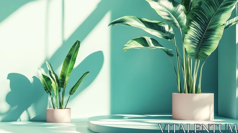 Sunlit banana leaf plants in minimalist pastel interior lighting study