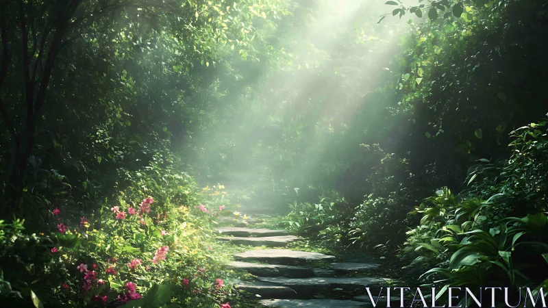Sunlit stone path winds through dense flowering forest