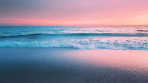 Pastel waves roll onto a tranquil beach at sunset.