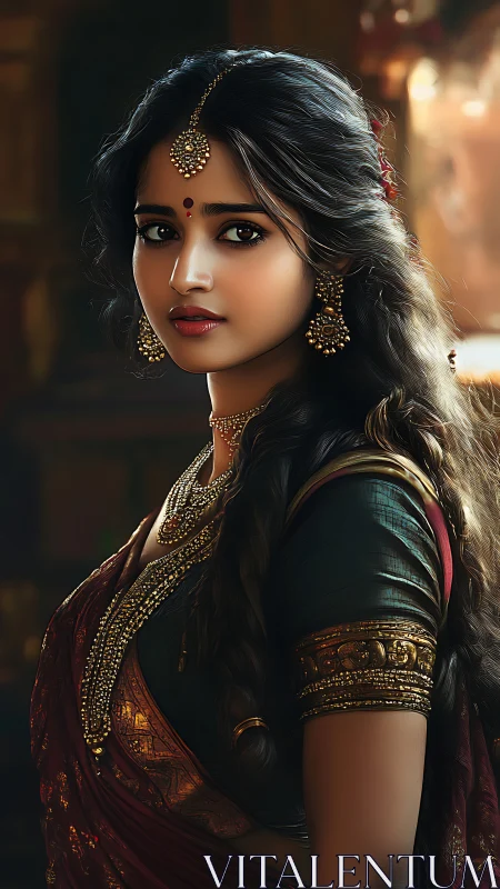 Elegant South Asian woman in ornate traditional attire gazes softly.