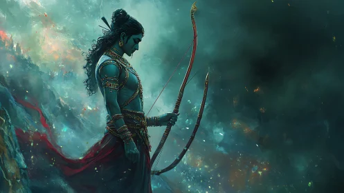 Mythic archer profile amid teal atmospheric haze and embers