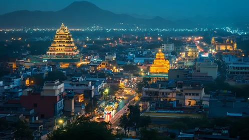 Photorealistic dusk cityscape with illuminated temple skyline.