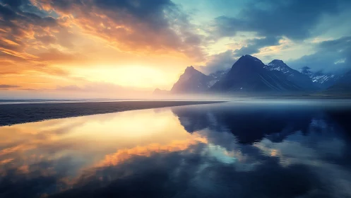 Sunrise over misty mountains mirrored in calm water.