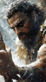 Glacial warrior in dynamic close-up, snow-lashed and battle-scarred.