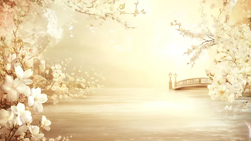 Golden spring riverside bridge bathed in gentle morning light.