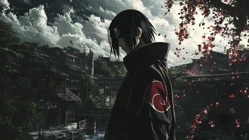 Solitary shinobi silhouette beside reflective village canal