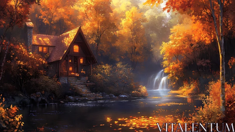 Firelit river cabin embraced by golden autumn hush.