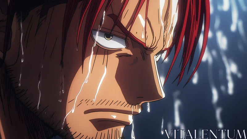 Intense red‑haired warrior profile under cascading rain.