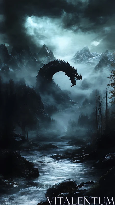 Serpentine shadow dragon coils above a glacial river gorge