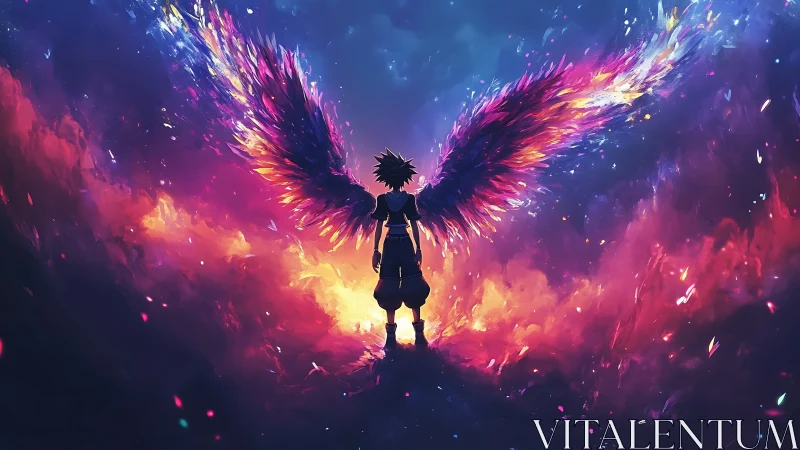 Silhouetted winged figure stands in vivid cosmic clouds