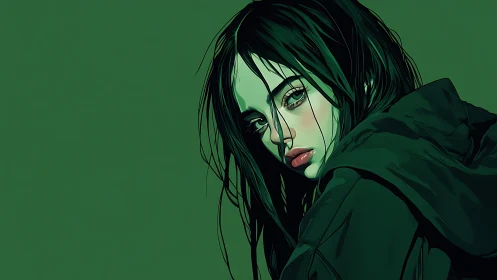Moody green digital portrait of woman in hooded jacket.