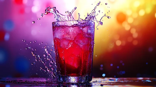 Dynamic Red Beverage Splash in Vibrant Rainbow Lighting.