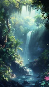 Radiant volumetric waterfall in hyper-lush jungle basin.
