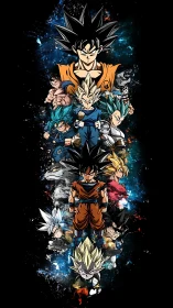 Saiyan legends stack through starlit cosmic battle splashes