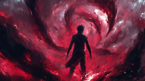 Lone hero steps into a swirling red storm of destiny.