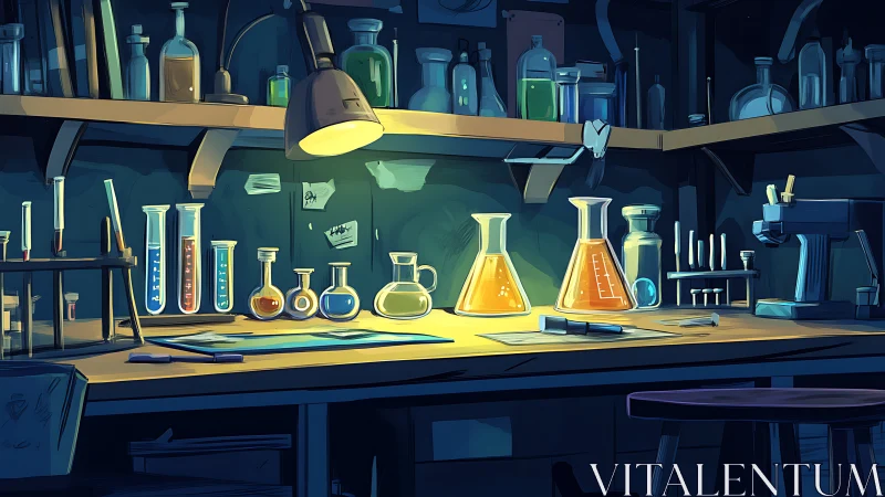 Curious lab bench glows with colorful beakers and quiet wonder