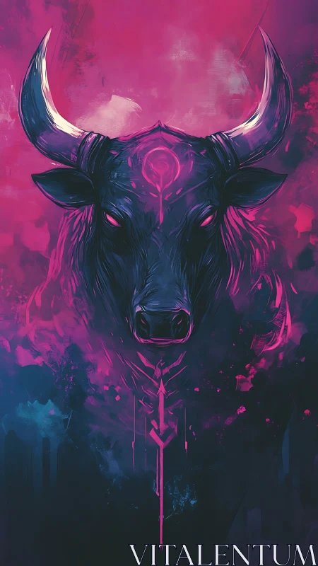 Bull skull illustration glows in neon pink and blue haze
