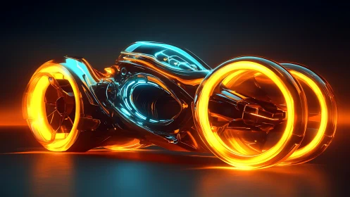 Futuristic neon light cycle with glowing orange wheels.