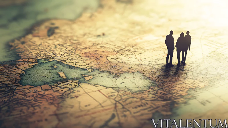 Curious travelers stand together on a softly lit world map