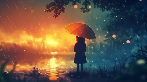 Girl under red umbrella by glowing lakeside rainstorm.
