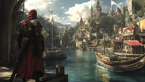 Scarlet-clad wanderer studies a sunlit cliffside harbor city