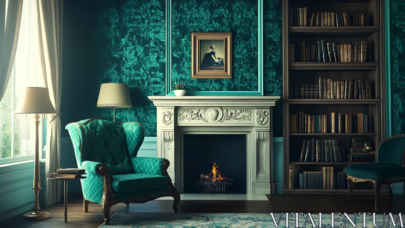 Elegant teal reading room with fireplace and bookcase.