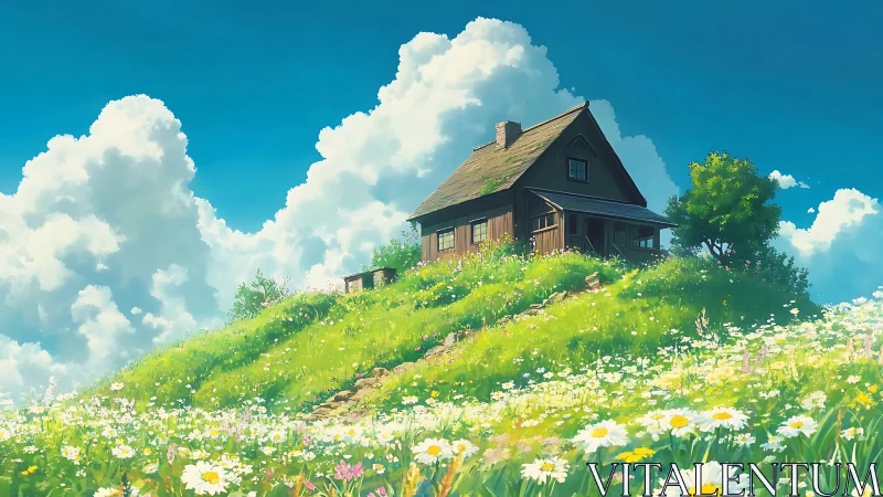 Wooden hilltop house above meadow of white daisies.